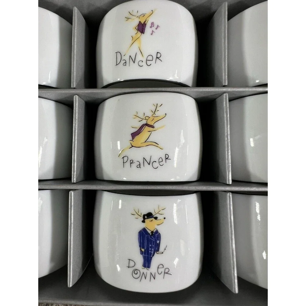 Pottery Barn White Porcelain Reindeer Christmas Napkin Rings Set of 9